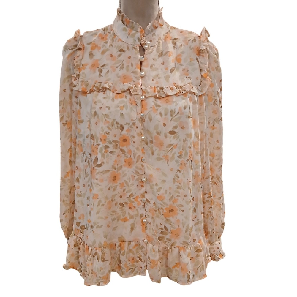 CeCe Floral Print Ruffle Front Blouse Womens Medium Pink Victorian Romantic